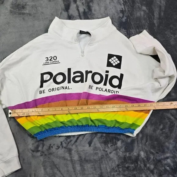 Polaroid Cropped Quarter Zip Sweatshirt Women XL White Rainbow Retro Pride - Picture 5 of 7